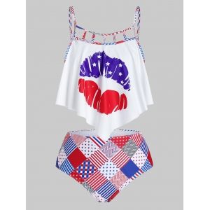 

Plus Size American Flag Lip Asymmetrical Cutout Flounce Tankini Swimwear, Multi