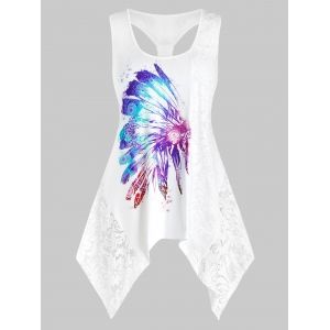 

Plus Size Lace Insert Feather Print Knotted Handkerchief Tank Top, White