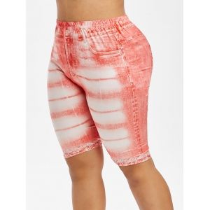 

High Waisted 3D Printed Plus Size Knee Length Jeggings, Pink