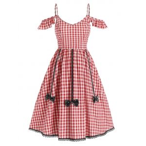 

Gingham Print Open Shoulder Bow Flare Dress, Red