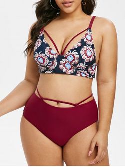 Plus Size Flower Cutout High Waisted Bikini Swimsuit - RED WINE - 4X