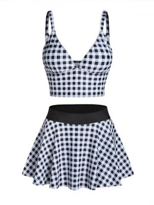 Gingham Print High Waist Skirted Tankini Swimwear