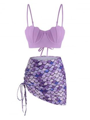 Scale Print Lace-up Mermaid Push Up Three Piece Swimsuit