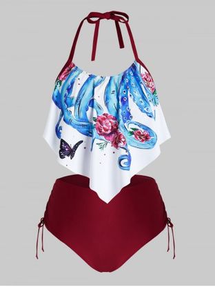Plus Size Asymmetric Octopus Flower Cinched Tie Halter Tankini Swimwear
