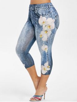 Plus Size 3D Jean Print Floral Capri Jeggings - BLUE GRAY - 4X
