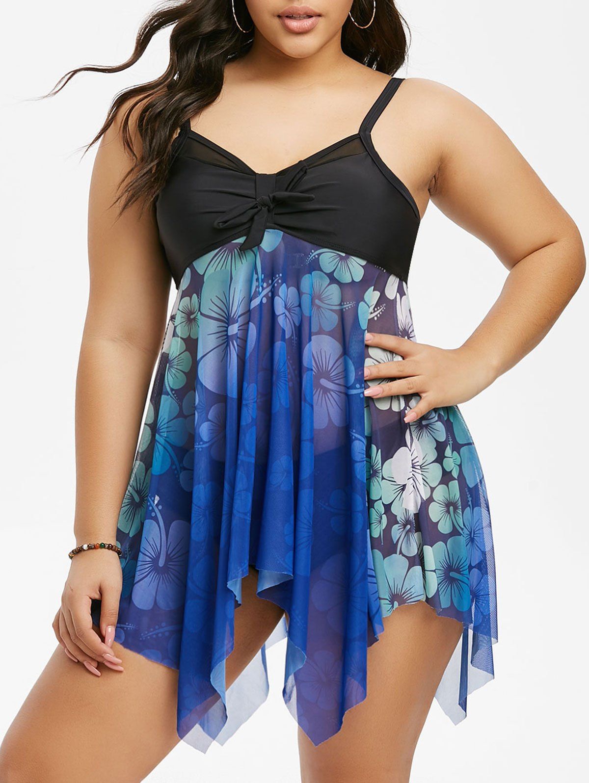 Plus Size Handkerchief Floral Print Sheer Mesh Tankini Swimwear 34 Off Rosegal