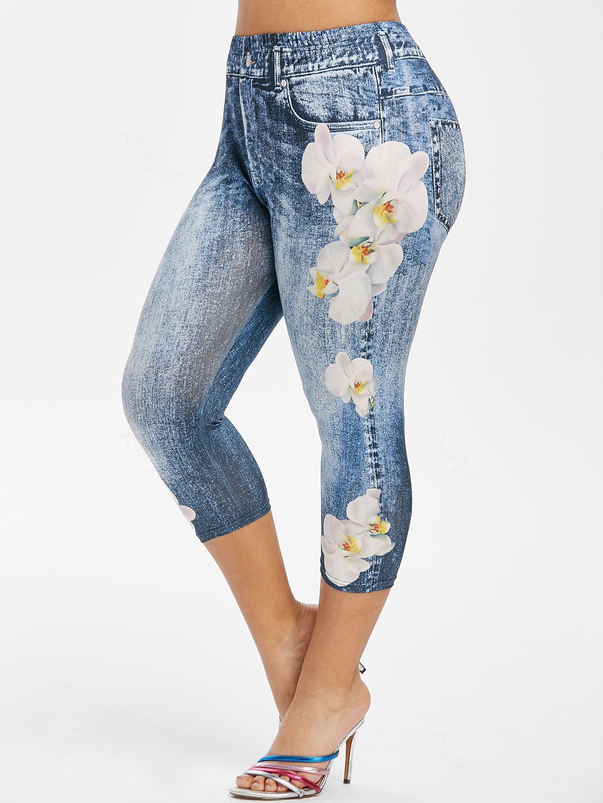 

Plus Size 3D Jean Print Floral Capri Jeggings, Blue gray