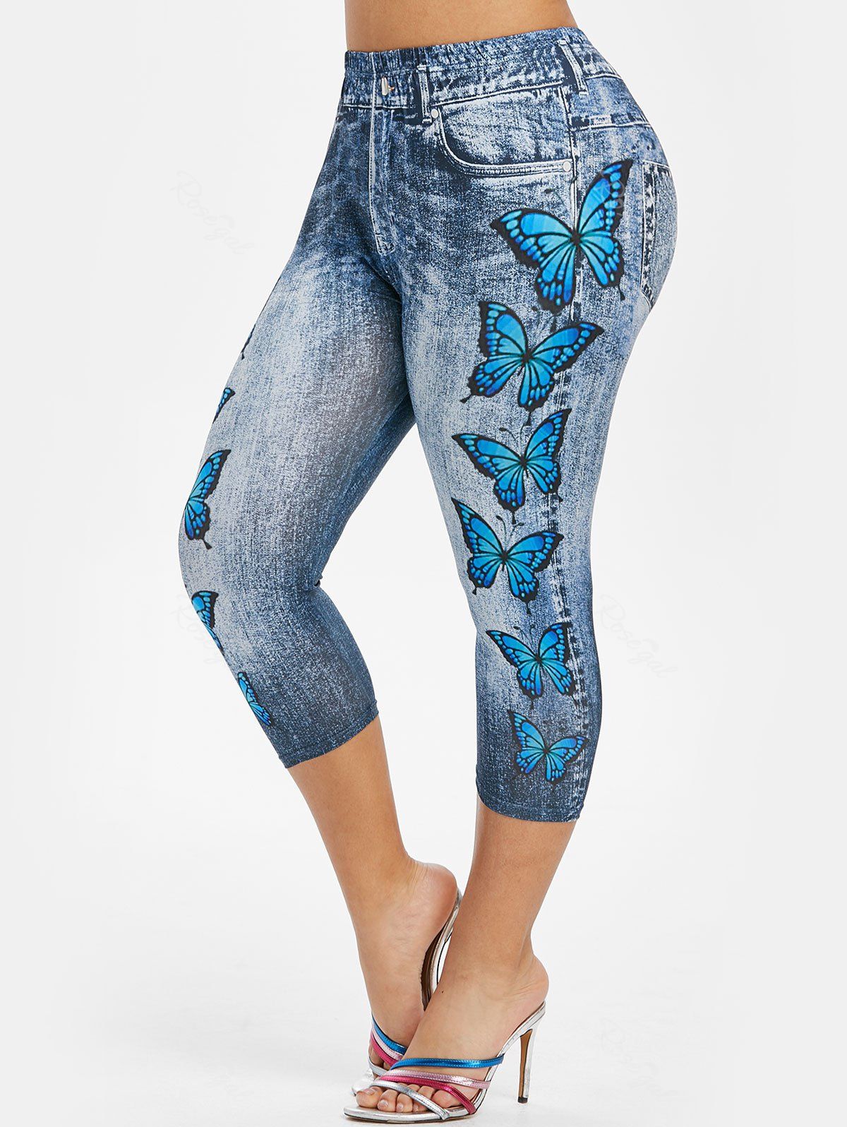 

Plus Size 3D Denim Print Butterfly Capri Jeggings, Blue gray