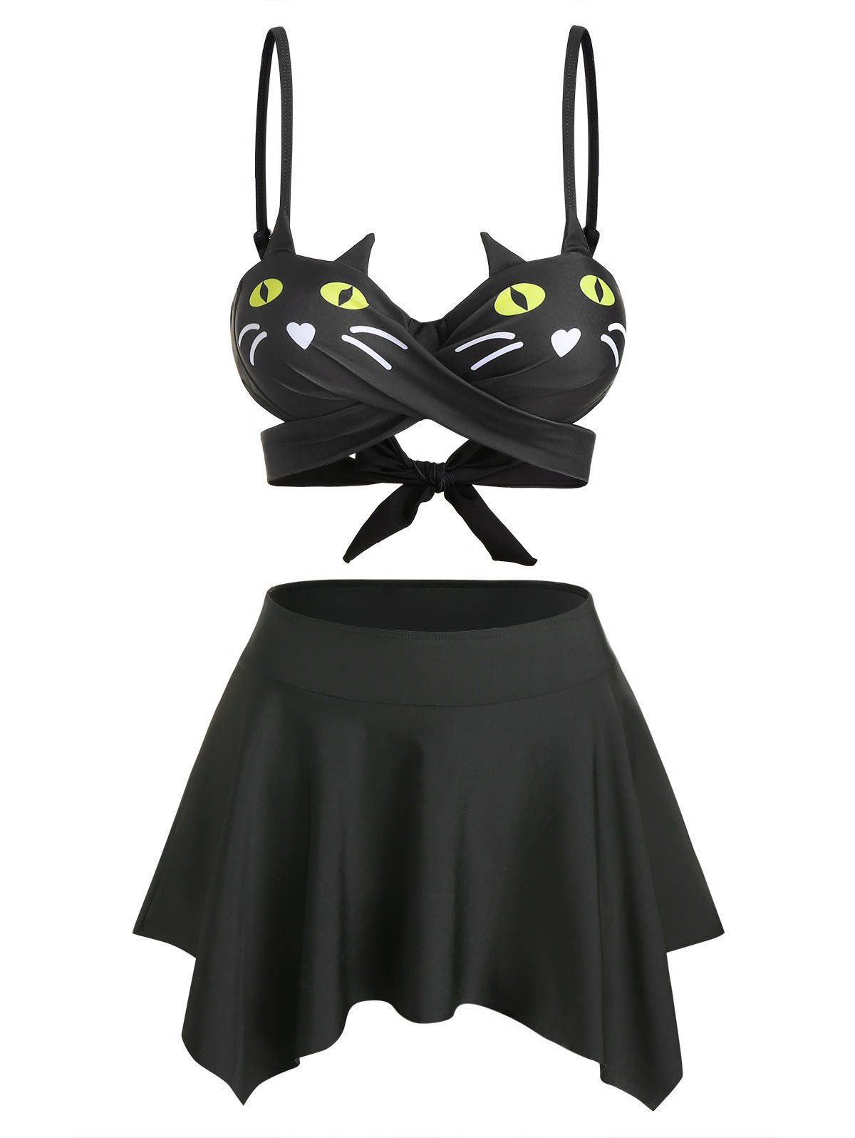 

Cat Print Handkerchief Wrap Skirtini Set, Black