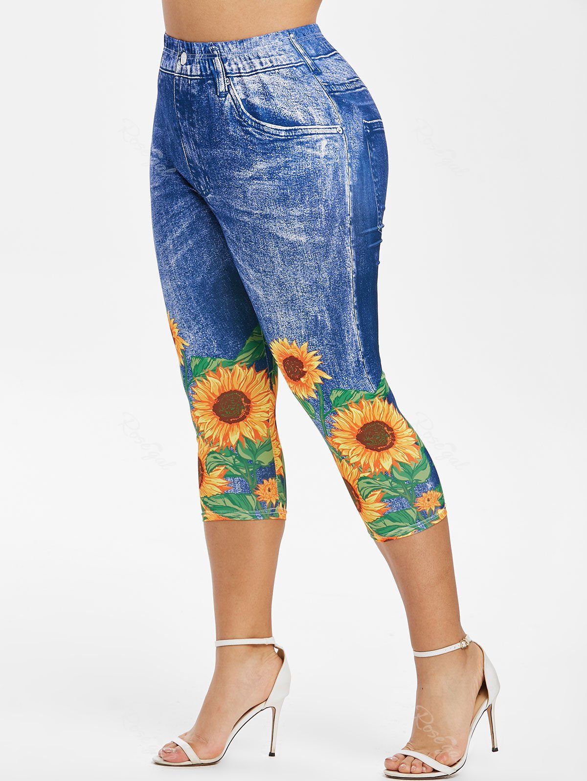 

Plus Size Sunflower 3D Print Capri Jeggings, Blueberry blue