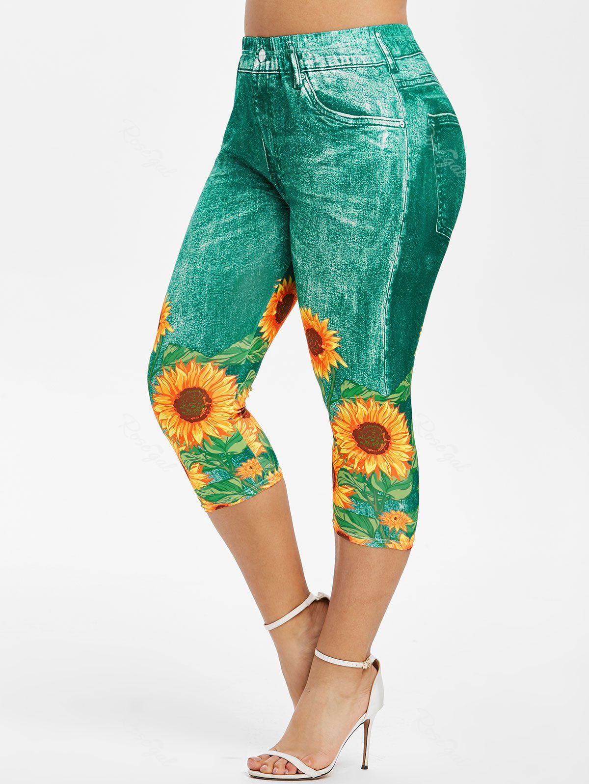 

Plus Size Sunflower 3D Print Capri Jeggings, Medium turquoise