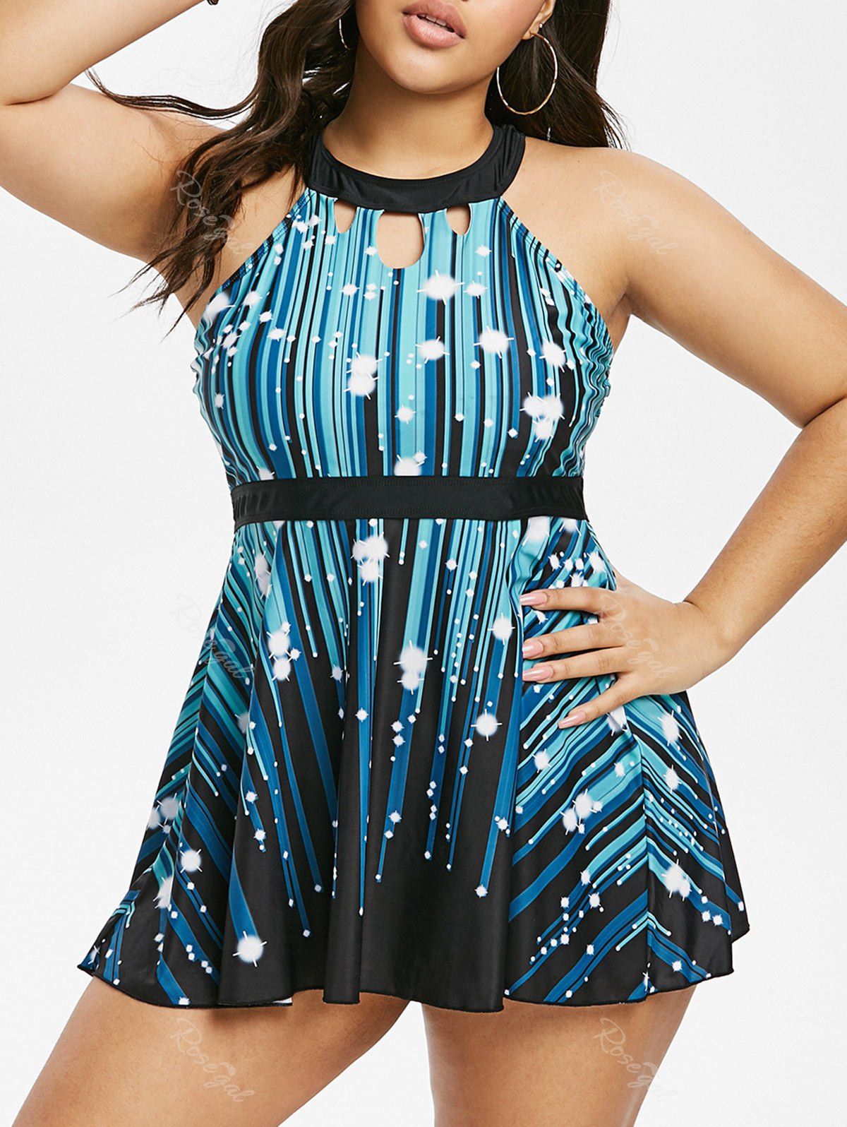 

Plus Size Cutout Stripe Starlight Tankini Swimwear, Black