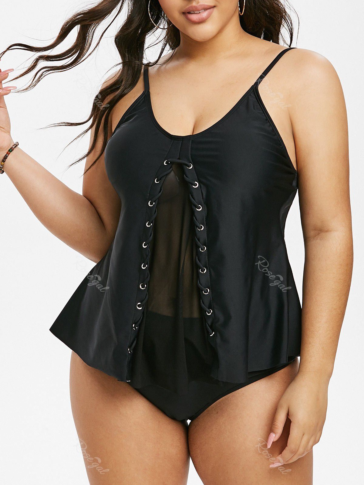 

Plus Size Eyelet Sheer Mesh Tankini Swimwear, Black