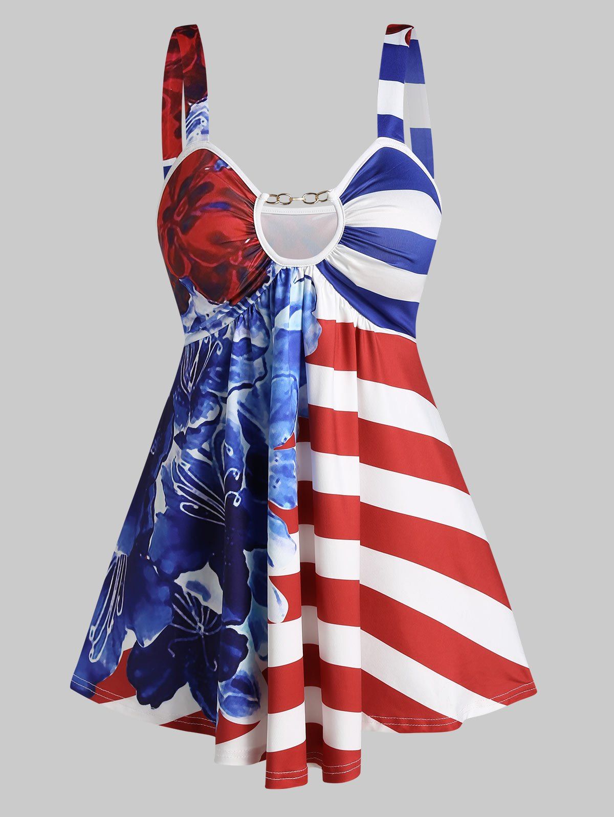 

American Flag Flower Print Keyhole Tank Top, Red