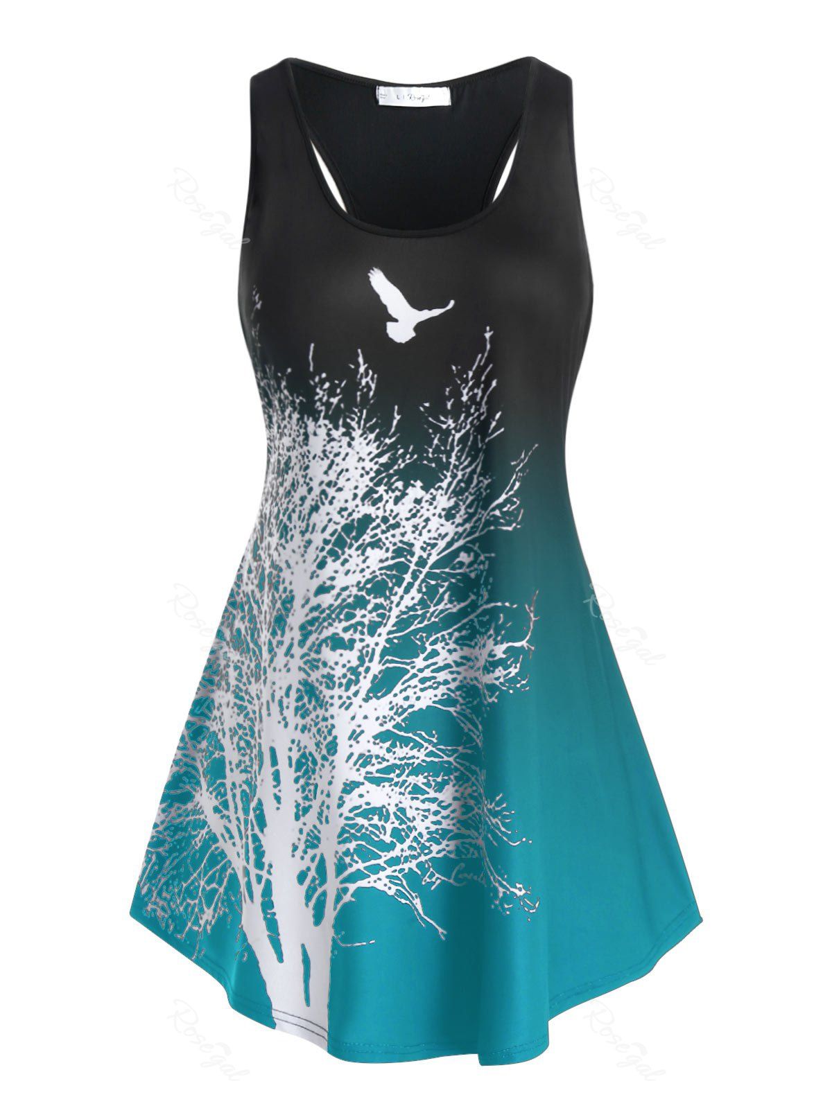 

Plus Size Racerback Ombre Tree Print Tank Top, Macaw blue green