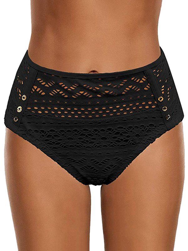 

Buttoned High Waisted Perforated Swim Bottom, Black