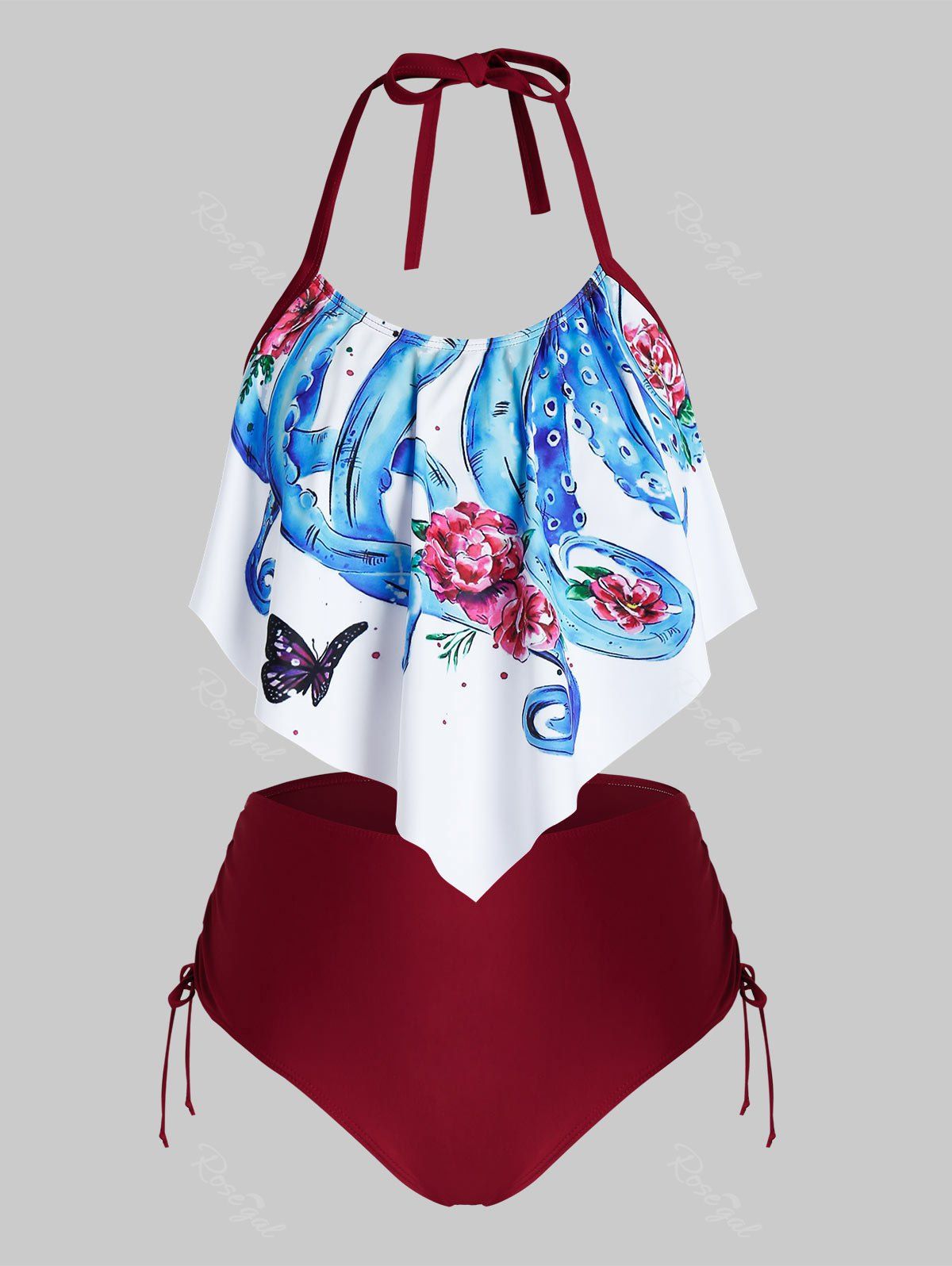 

Plus Size Asymmetric Octopus Flower Cinched Tie Halter Tankini Swimwear, Multi