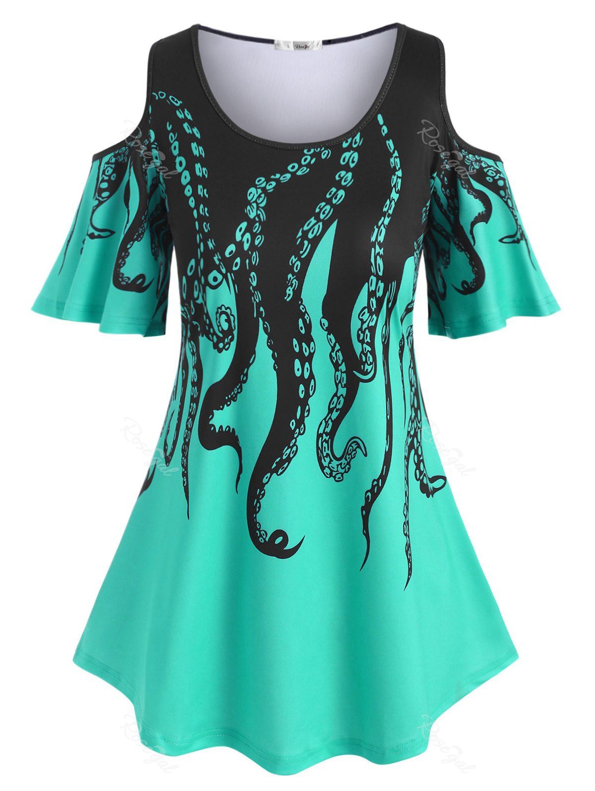 

Plus Size Cold Shoulder Octopus Print Tee, Medium turquoise