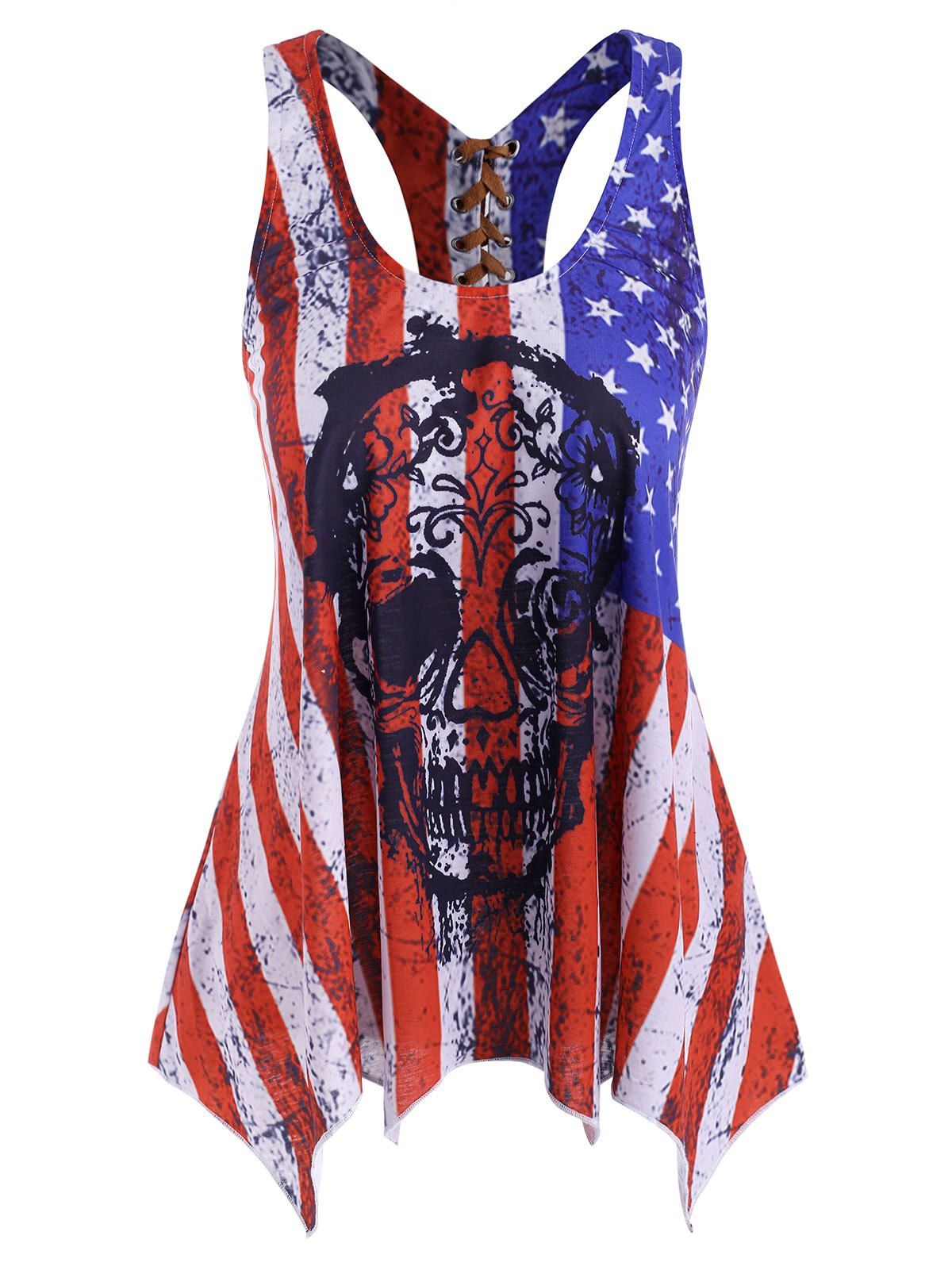 

Distressed American Flag Skull Print Lace-up Asymmetrical Tank Top, Multi