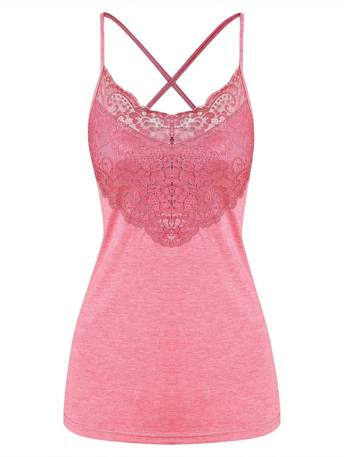 

Plain Cross Back Lace Panel Tank Top, Pink rose