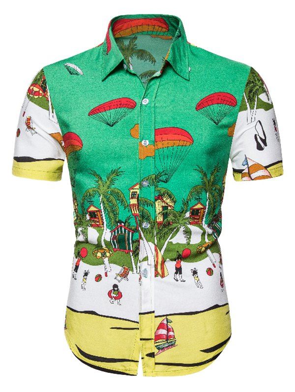 

Beach Scenery Print Button Up Short Sleeve Shirt, Green