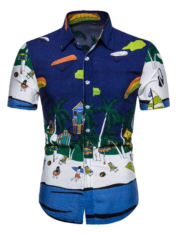 

Beach Scenery Print Button Up Short Sleeve Shirt, Deep blue