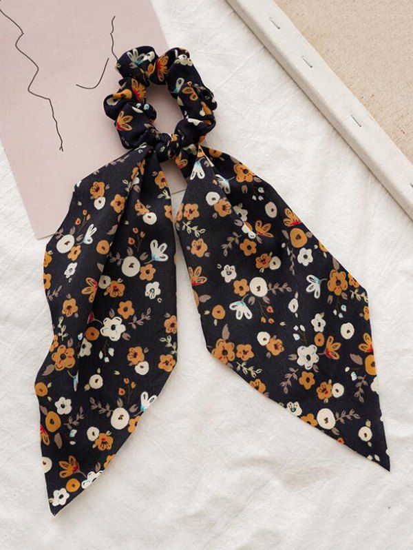 

Floral Printed Bowknot Fabric Scrunchy, Black