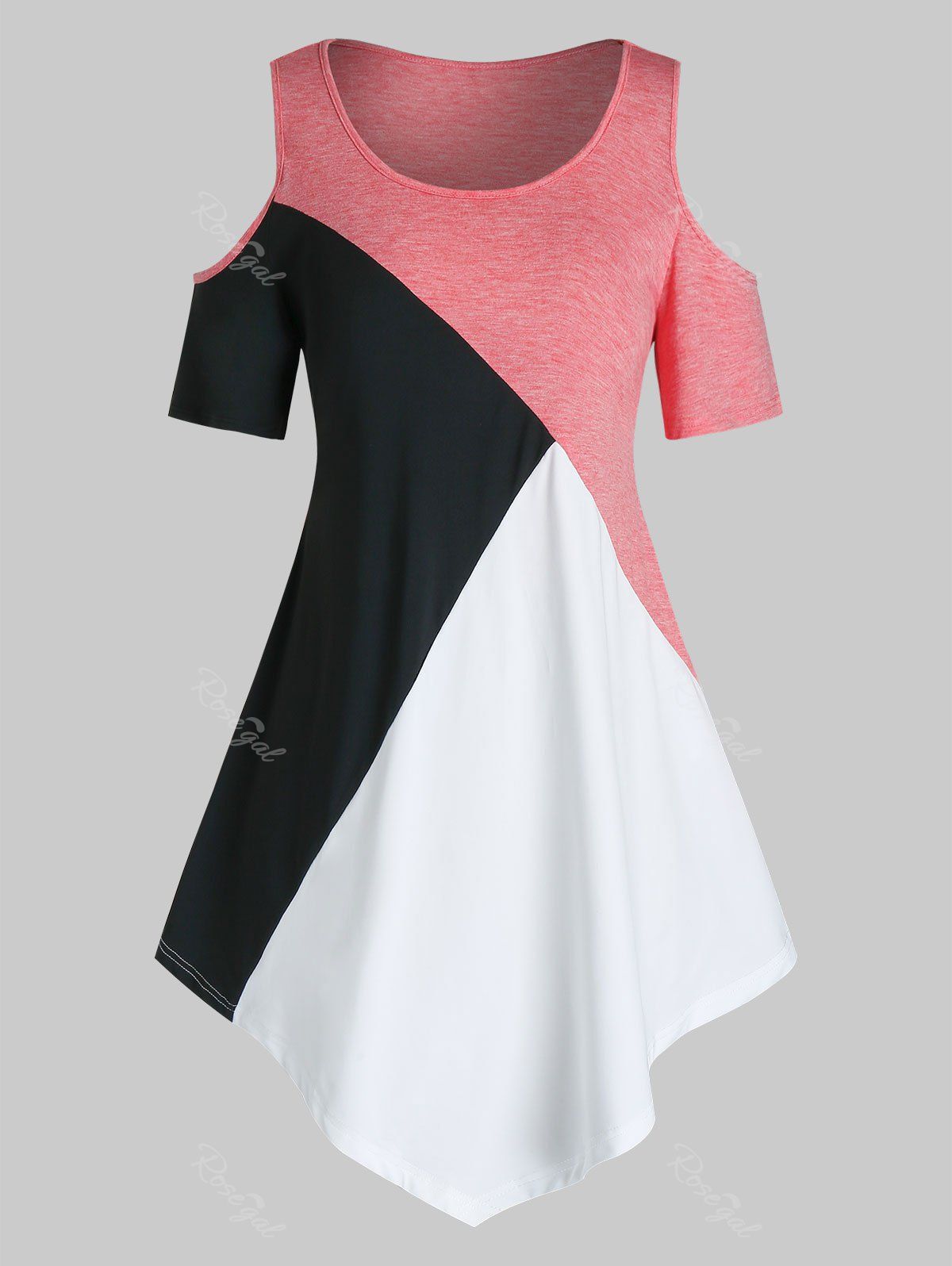 

Plus Size Color Blocking Cold Shoulder Asymmetrical Tunic Tee, Multi