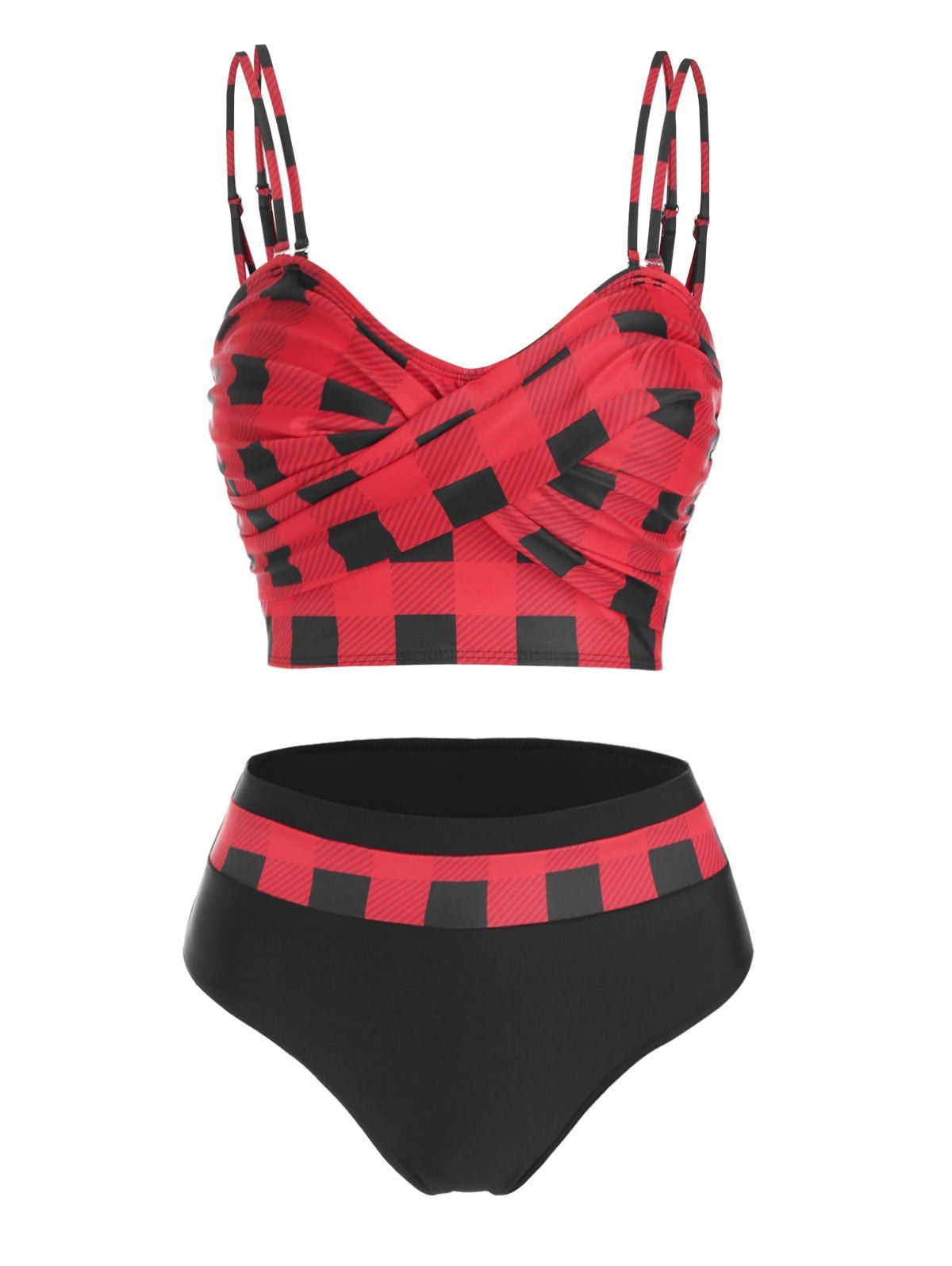 

Tartan Print Crisscross Padded Tankini Swimwear, Red