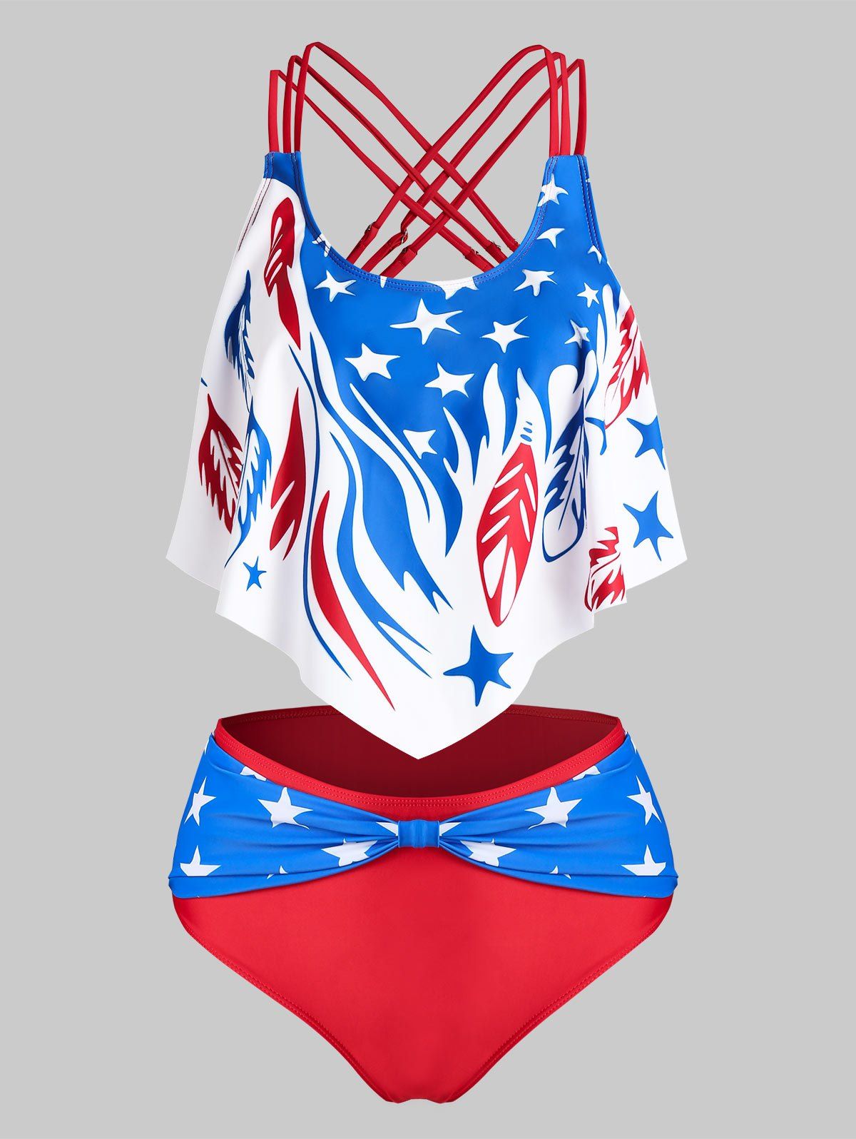 

American Flag Print Strappy Knotted Tankini Set, Red