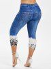 Legging Capri à Imprimé 3D Jean de Grande Taille - Bleu Foncé Toile de Jean 4X