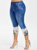 Legging Capri à Imprimé 3D Jean de Grande Taille - Bleu Foncé Toile de Jean 4X