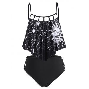 

Astrology Sun Star Moon Print Lattice Flounce Tankini Swimwear, Black