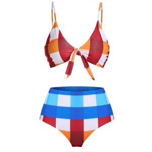

Checked Front Knot High Waisted Bikini Swimwear, Multi a
