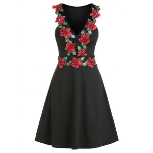 

Floral Embroidery V Neck Mesh Panel Sleeveless Dress, Black