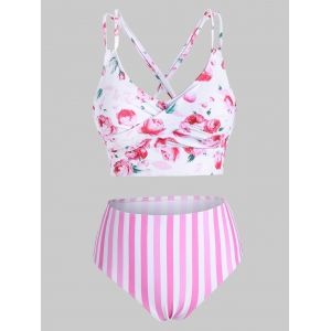 

Floral Striped Twist Side Boning Tankini Swimwear, Pink