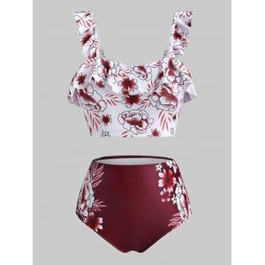 Ruffles Floral Plus Size Bikini Swimwear, Red
