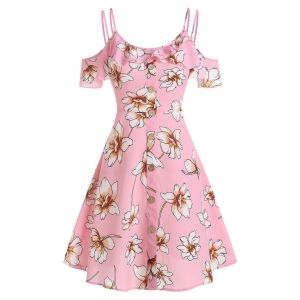 

Floral Print Cold Shoulder Mock Button Mini Dress, Pink
