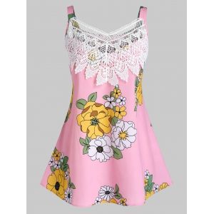 

Plus Size Flower Pattern Guipure Lace Panel Tunic Tank Top, Pink
