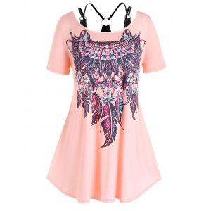 

Plus Size Feather Print Faux Twinset T Shirt, Rose