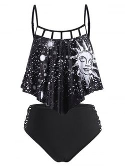Astrology Sun Star Moon Print Lattice Flounce Tankini Swimwear - BLACK - M