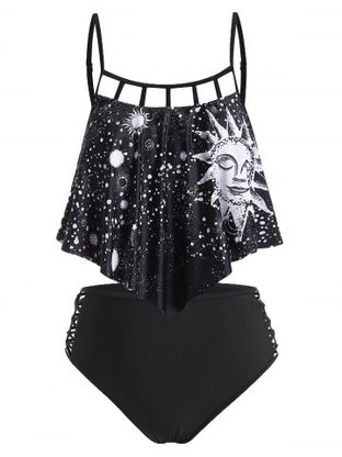 Astrology Sun Star Moon Print Lattice Flounce Tankini Swimwear