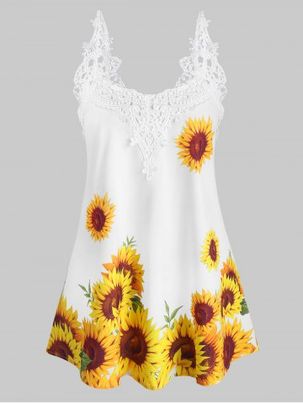 Crochet Lace Panel Sunflower Longline Cami Top