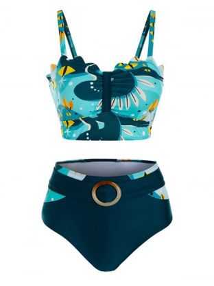 Cartoon Print Wavy Hem High Waist Tankini Swimwear