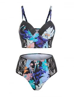 Floral Print Sheer Lace Panel High Waisted Tankini Swimwear - BLACK - M