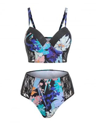Floral Print Sheer Lace Panel High Waisted Tankini Swimwear