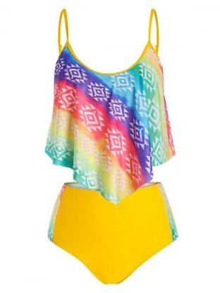 Plus Size Rainbow Tie Dye Asymmetric Flounce High Rise Tankini Swimwear