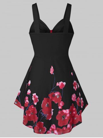 

Plus Size Flower Print Tie Curved Tunic Backless Tank Top, Black