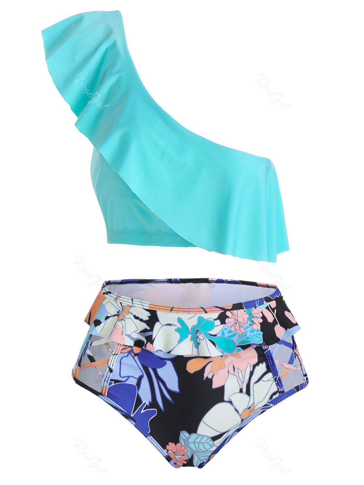 

One Shoulder Floral Print Crisscross Tankini Swimwear, Medium turquoise