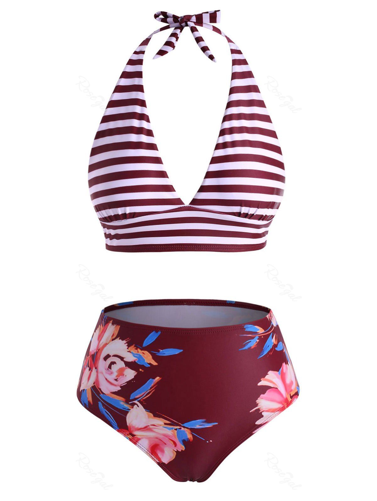 

Halter Striped Floral High Waisted Bikini Swimwear, Red wine